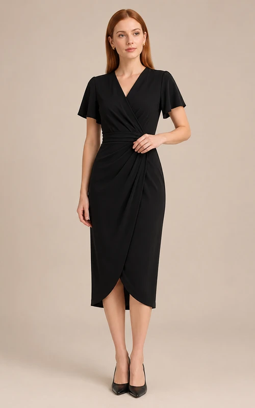 Black Short Sleeve Wrap Pencil Minimal Studio Midi Dress