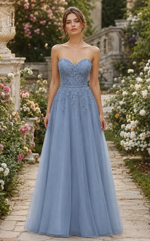 Robe de soirée bustier en dentelle et tulle bleu ardoise