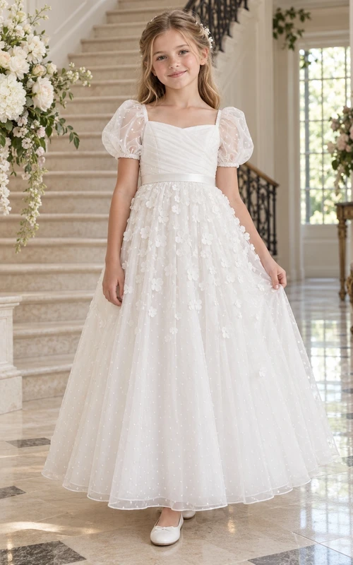 Vestido de niña de flores blanco con escote cuadrado, estampado floral, corte en A, tul, mangas abullonadas, largo hasta los tobillos y corpiño fruncido.