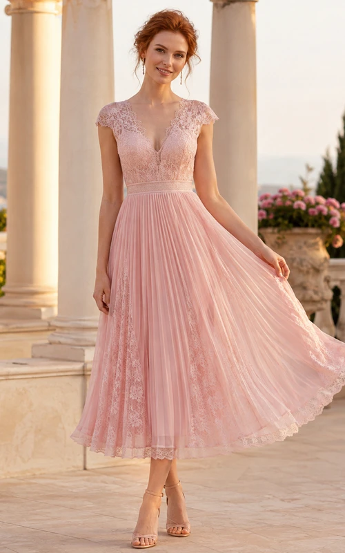 Vestido elegante de té para madres, color rosa rubor, con escote en V, encaje, mangas cortas y pliegues.