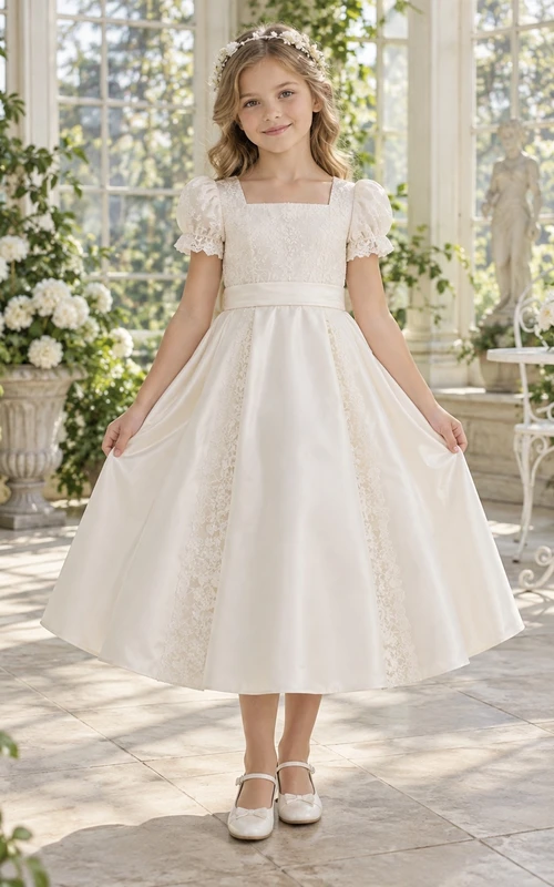 Square Neck Ivory Puff Sleeve Lace Panel Bow Sashed Tea-length Satin Flowergirl Dress