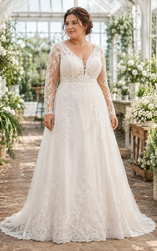 Plus Size Long Sleeve Lace A-Line Wedding Dress with Greenhouse Train
