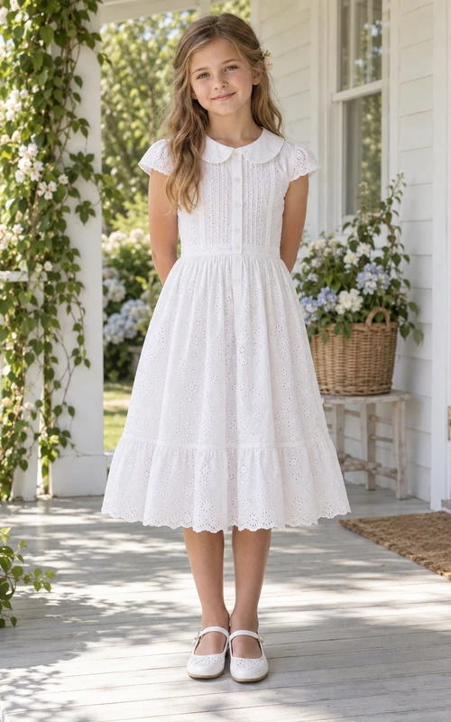 Vestido de niña de flores blanco vintage de corte A con encaje, mangas cortas, cuello Peter Pan y pliegues, largo hasta la rodilla.