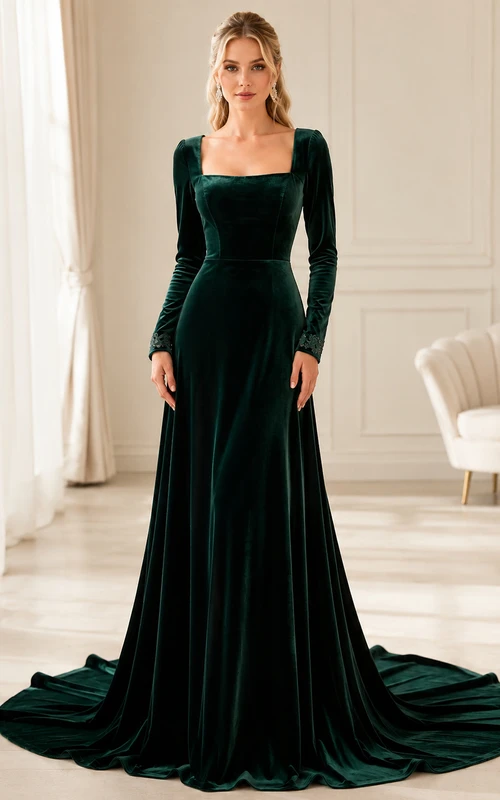 Vestido de novia de terciopelo de corte A, lujoso, verde oscuro, con cuello cuadrado y manga larga, estilo capilla.