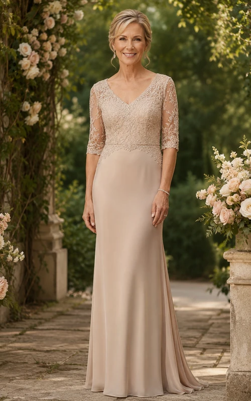 Vestido de novia largo hasta el suelo, color champán, con encaje y mangas tres cuartos.