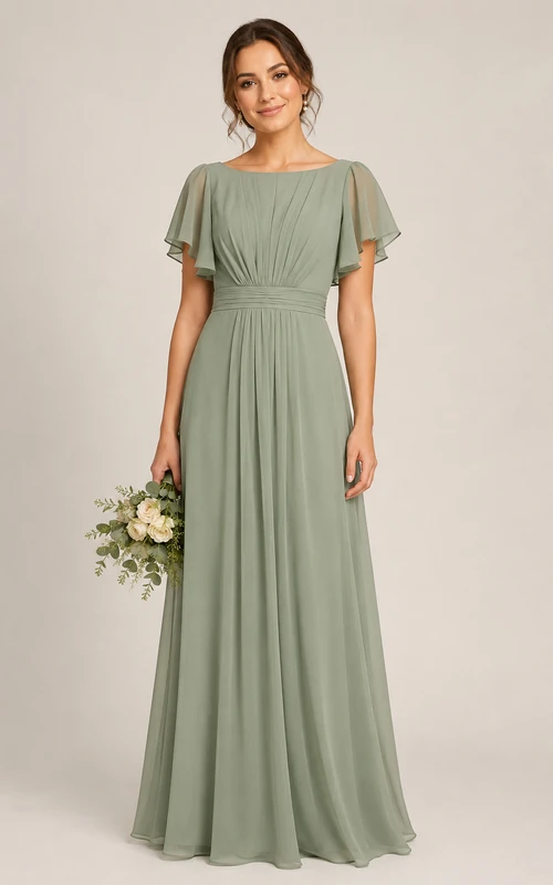 Vestido de dama de honor de gasa color salvia con escote barco y corte en A
