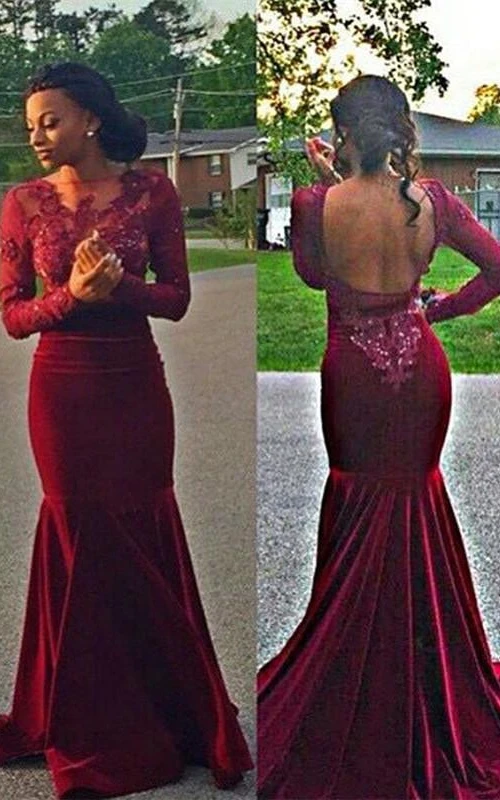 Preciosos vestidos de noche burdeos de manga larga con apliques de encaje estilo sirena.