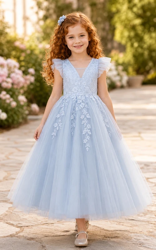 Blue Tulle A-Line Flower Girl Dress with Short Sleeves, Jewel Neck and Tea-Length Skirt