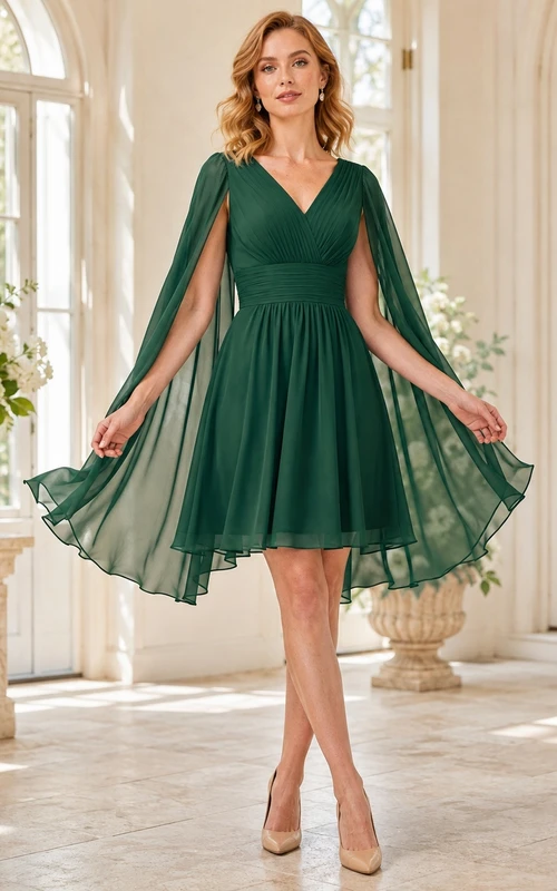 Robe mini romantique évasée en mousseline émeraude, col en V, manches cape, idéale pour les fêtes de fin d'année