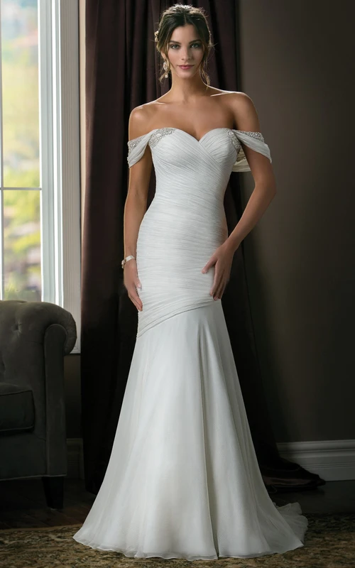 Off-The-Shoulder Trumpet Mermaid Wedding Dress With Ruches And Crystals
