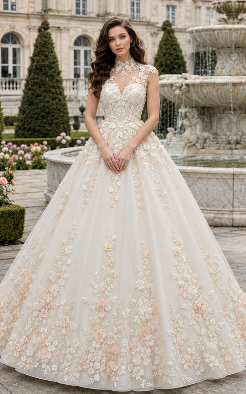 Vestido de novia de gala con mangas cortas y apliques florales