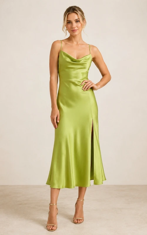 Lime Green Satin Cowl Neck Spaghetti Strap Tea-length Sheath Evening Dress with Side Split