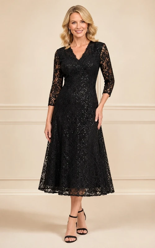 Schwarzes Gästekleid in A-Linie mit Spitze, V-Ausschnitt, 3/4-Ärmeln, Midi, eleganter, formeller Stil