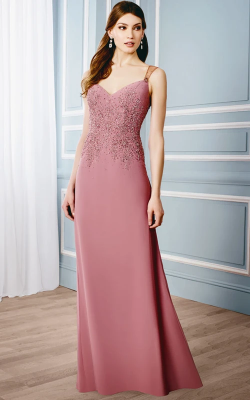 Ärmelloses, appliziertes Jersey-Abendkleid mit V-Ausschnitt und Illusionsrücken
