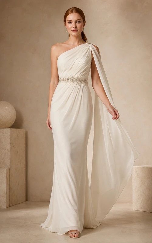 Brautkleid mit einseitiger Schulter, ärmellos, aus Chiffon, bodenlang, mit Cape