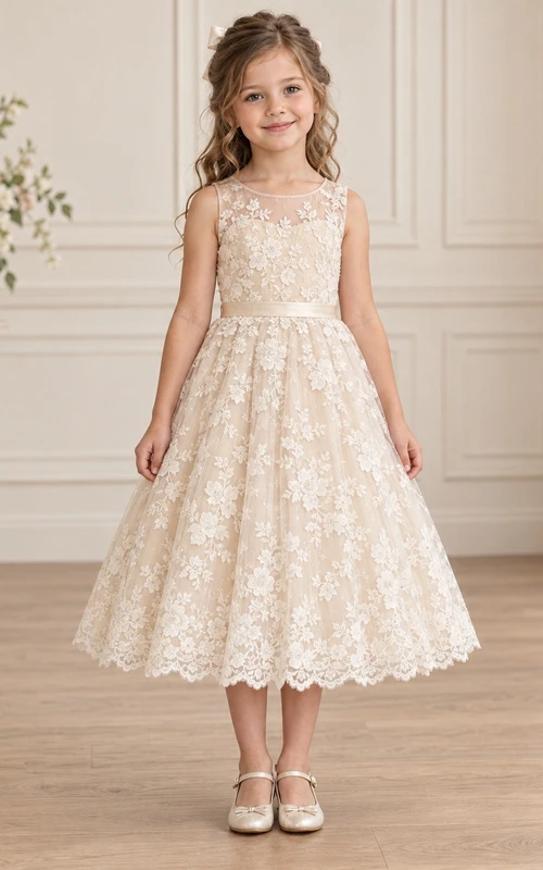 Vestido de niña de flores de corte A, largo hasta la rodilla, color marfil, con estampado floral, encaje, sin mangas, borde festoneado y cinta.