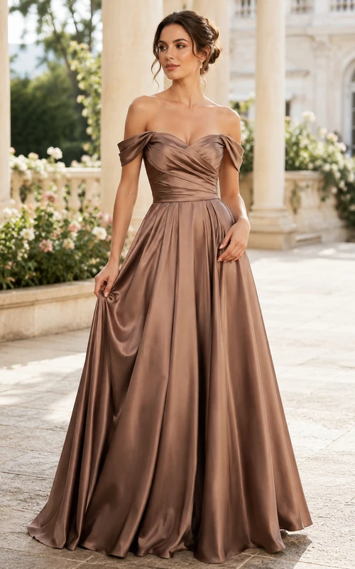 Vestido formal de satén color topo con escote Bardot y corte en A