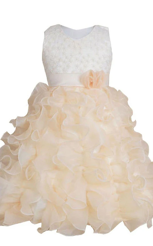 Sleeveless A-line Appliqued Dress With Cascade Ruffles