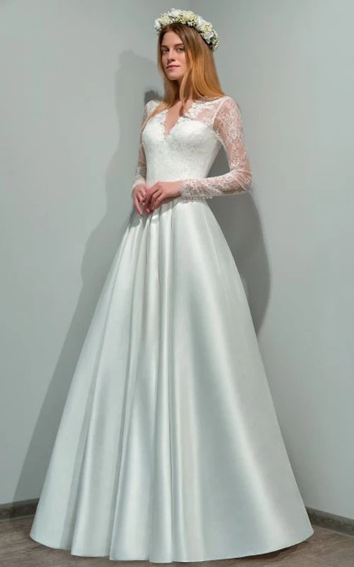 Modernes A-Linien-Brautkleid aus Satin mit V-Ausschnitt, langen Ärmeln und Applikationen, bodenlang