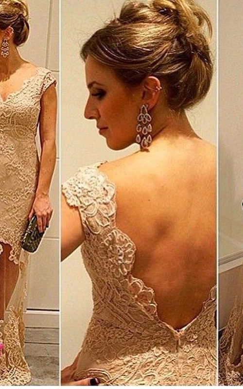 Goldene, formelle A-Linien-Abendkleider aus Spitze mit kurzen Ärmeln, Chiffon-Abendkleider