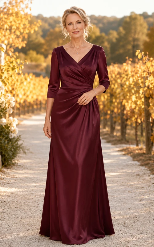 Burgunderfarbenes, schlichtes A-Linien-Kleid aus Satin mit V-Ausschnitt, Dreiviertelärmeln und bodenlanger Silhouette – ideal für Herbst und Outdoor-Aktivitäten und als Brautmutterkleid.