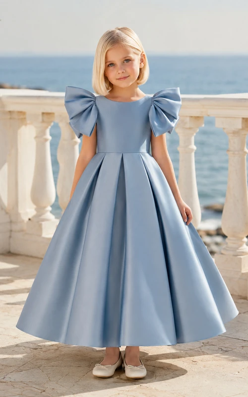 Slate Blue Sculptural Bow A-Line Satin Flower Girl Dress, Sleeveless Jewel Neck, Tea-Length Beach Reception