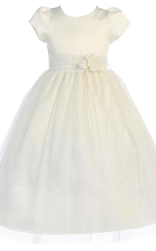 Robe plissée trapèze à manches courtes avec fleur et nœud