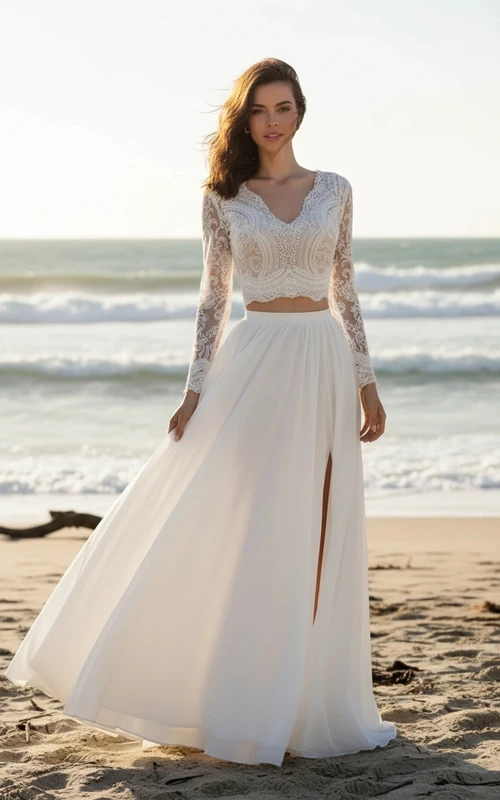 Boho-Brautkleid, zweiteilig, langärmelig