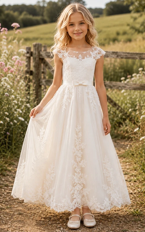 Vestido de niña de flores de tul y encaje con corte en A, mangas cortas, cuello redondo y falda a la altura de la rodilla.