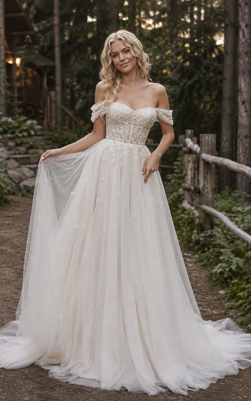 Vestido de novia rústico de corte A con hombros descubiertos y largo hasta el suelo de tul, ideal para fugarse.