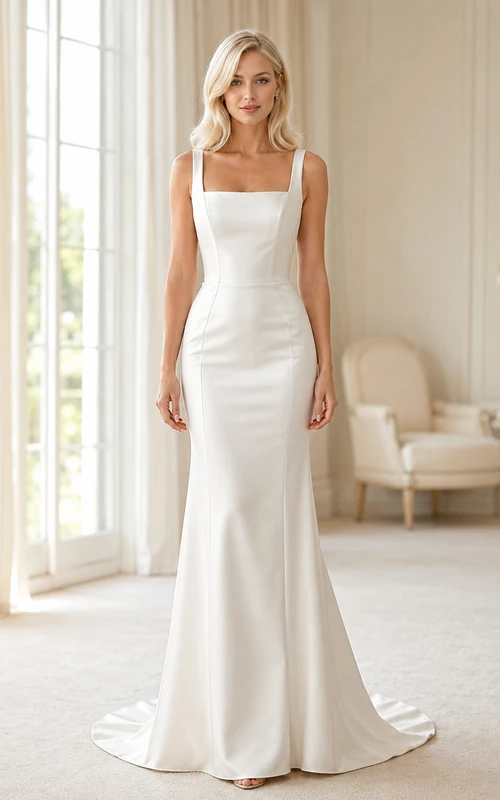 Square neck satin rehearsal mermaid gown with wide straps