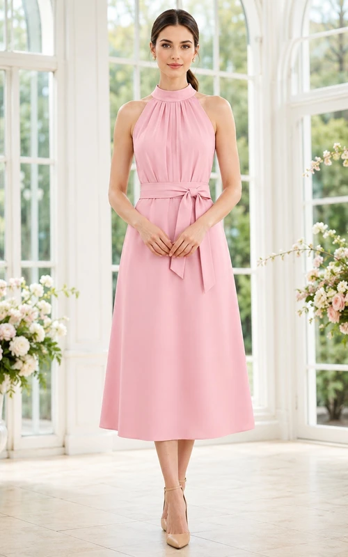 Pink High Neck Sleeveless Chiffon Simple Midi Dress
