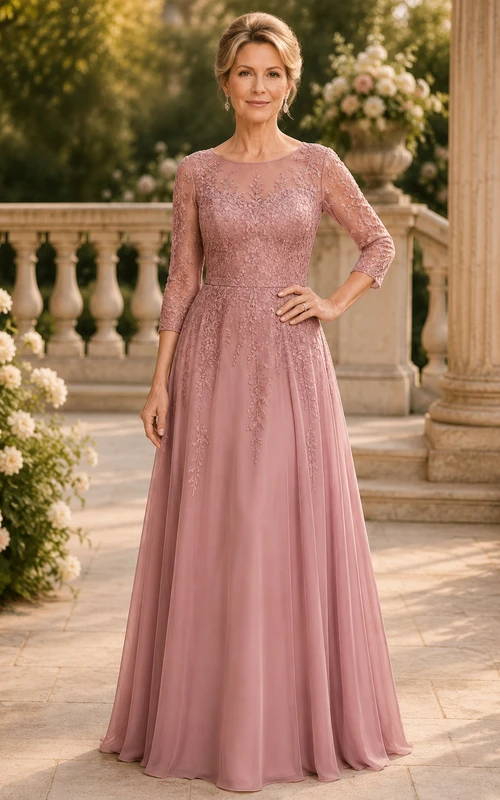 Mutterkleid aus altrosafarbenem Chiffon in A-Linie mit Spitzenoberteil