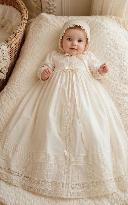 Vestido de bautizo vintage de algodón con encaje, manga larga y corte en A.