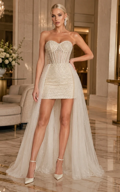 Luxuriöses trägerloses Brautkleid mit Herzausschnitt, Perlenbesatz, Korsett, Mini-Tüll-Schleppe und Watteau-Schleppe