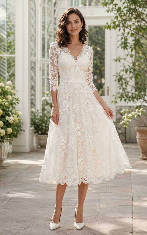 Vintage Civil Lace A Line V Neck Three Quarter Sleeve Tea Wedding Dress