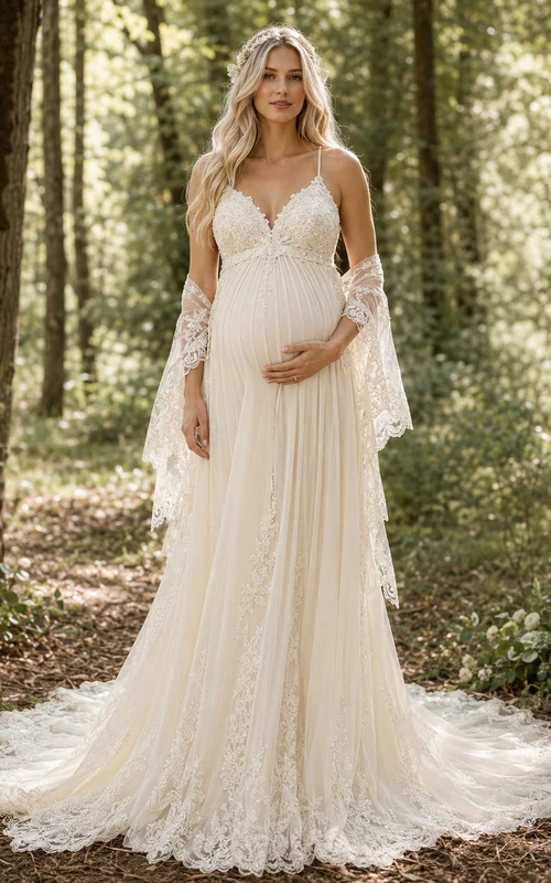 Maternity Spaghetti Strap Lace Veil Woodland Wedding Dress