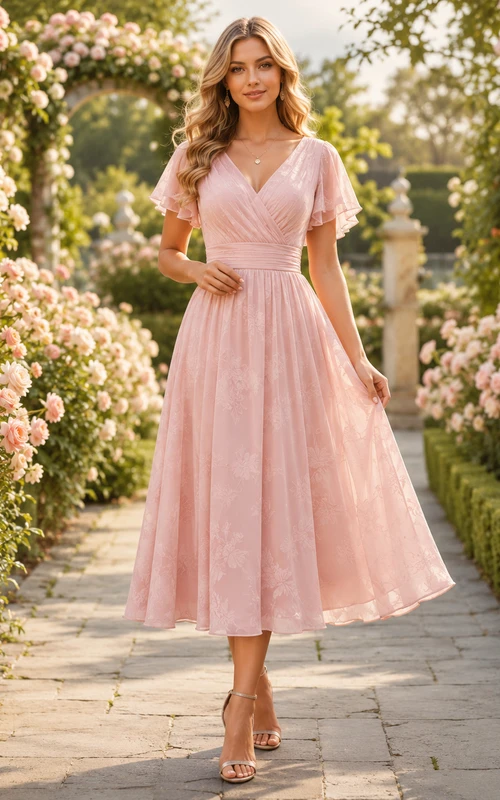 Blush Romantic Garden Wedding Guest Dress A-Line Tulle Chiffon V-Neck Short Sleeve Tea-Length Ruched