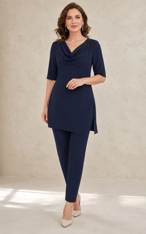 Navy Two Piece Cowl Neck Half Sleeve Tunic Pants Simple Formal Evening Dress Set