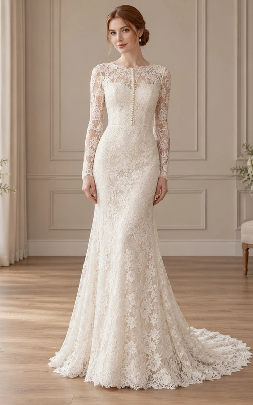 Modest Long Sleeve Jewel Neck Fitted Floral Lace Wedding Dress