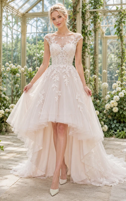 Romantisches, elegantes Brautkleid aus Spitze und Tüll mit asymmetrischem Saum, U-Boot-Ausschnitt, kurzen Ärmeln und asymmetrischem Rock