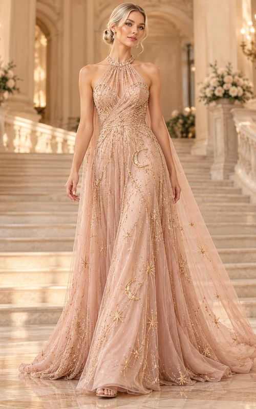 Blush Celestial Halter Beaded Cape Back Flowing Evening Gown