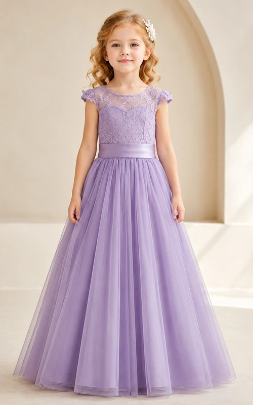 Lavender Floor Length Tulle A-Line Flower Girl Dress with Jewel Neck