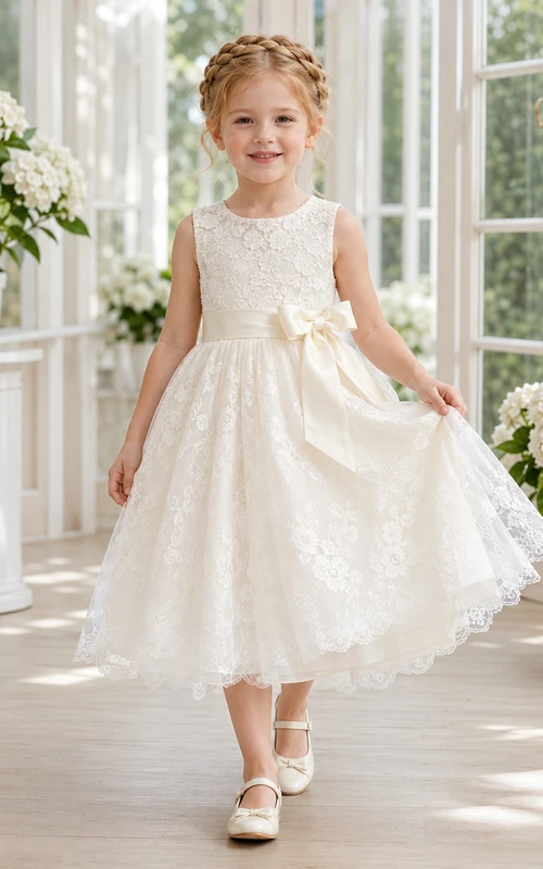 Robe de demoiselle d'honneur en dentelle champagne et tulle, coupe trapèze, col rond, longueur thé
