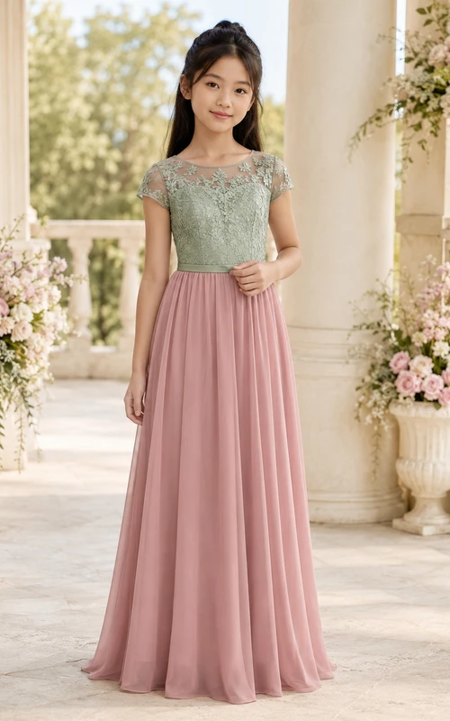 Brautjungfernkleid in Altrosa, A-Linie, mit Strasssteinen, kurzen Ärmeln und romantischer Spitze