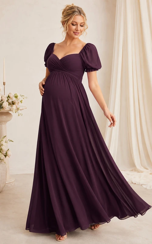 Vestido de noche largo de satén estilo imperio, elegante y elegante, con escote corazón y mangas abullonadas, color ciruela.