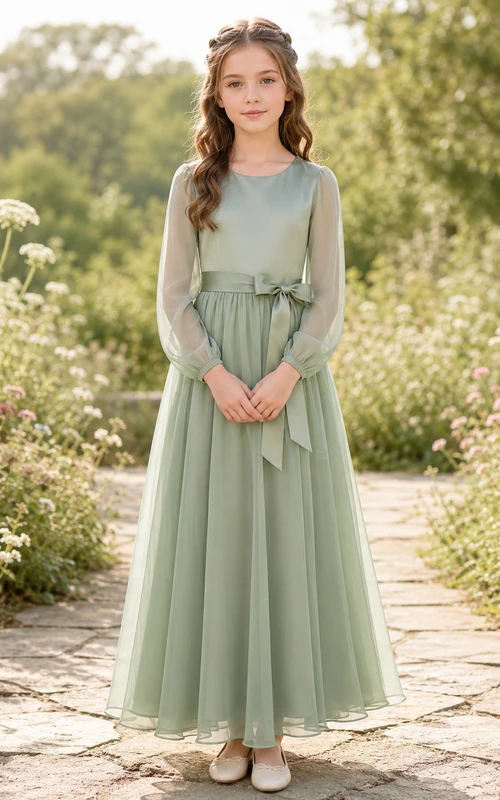 Flower Girl Dress A-Line Celadon Modest Long Sleeve Tulle Bow Garden