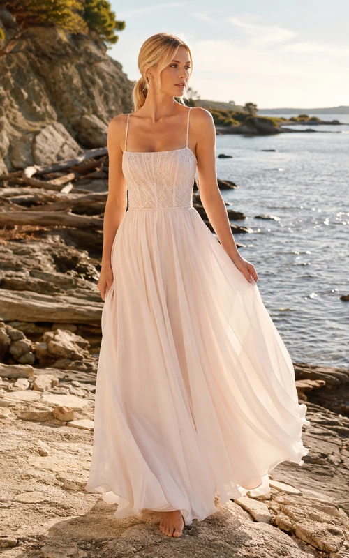 Spaghetti Strap Blush Tulle Rocky Shoreline Elopement Gown