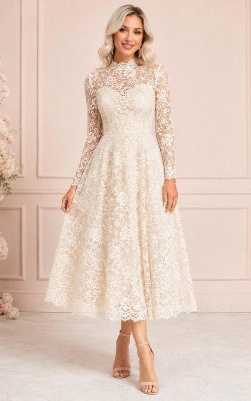 Romantic Ivory Lace A-Line Tea-Length Long Sleeve Formal Dress