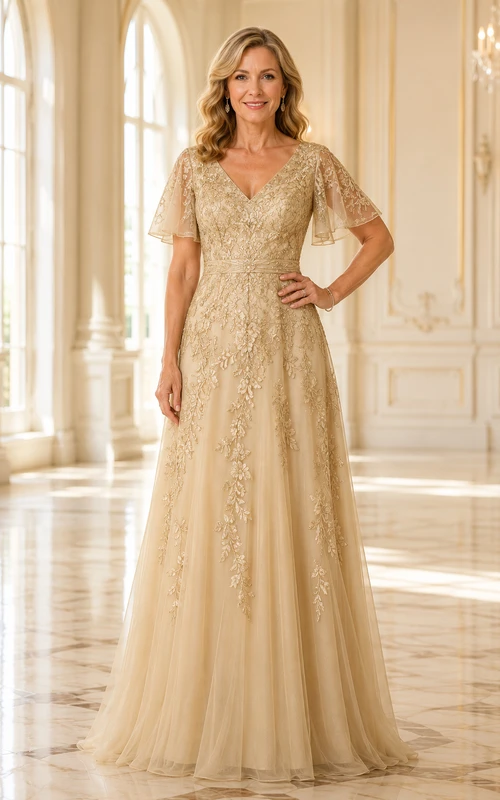 MOB-Kleid Champagnerfarbenes Spitzen-Tüllkleid in A-Linie mit kurzen Ärmeln und V-Ausschnitt, bodenlang